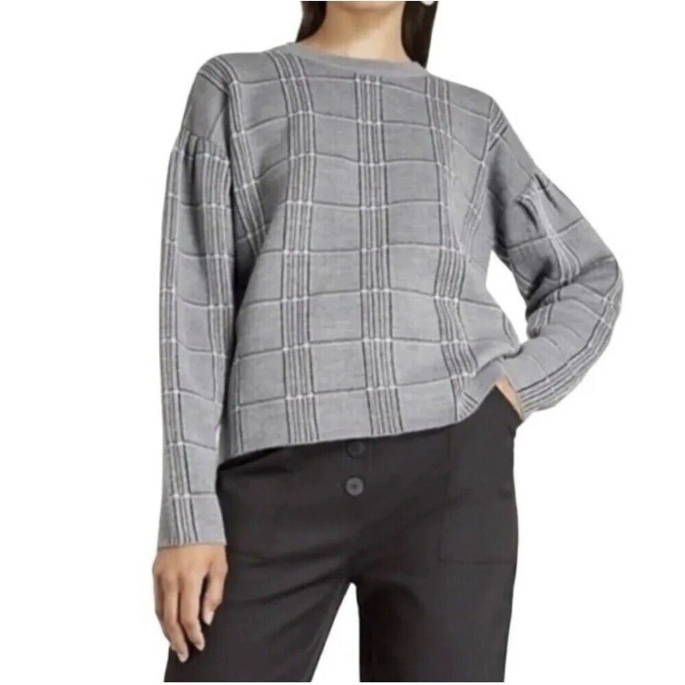 Maje Mission Grid Gray Plaid Wool Blend Jacquard Pullover Sweater Knit Sz 1 US 4